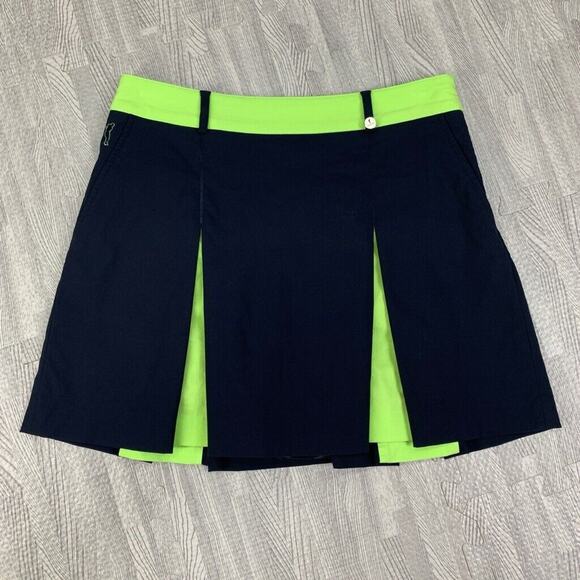 Golfino Skort Womens 4 Black Neon Green Peekaboo Pleated Techno Stretch Side Zip - Picture 2 of 15